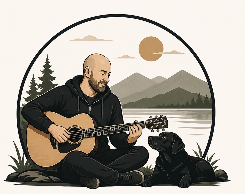 Illustration of Gabe playing acoustic guitar by a lake, with his black lab Kylo listening