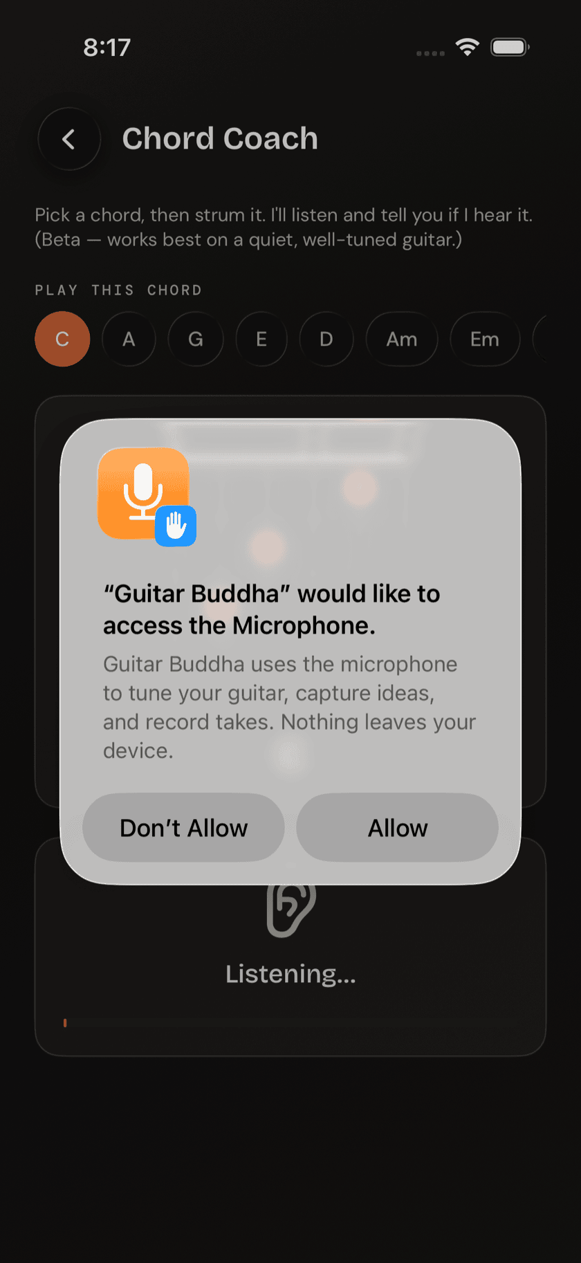 Chord Coach, active listening state with feedback shown