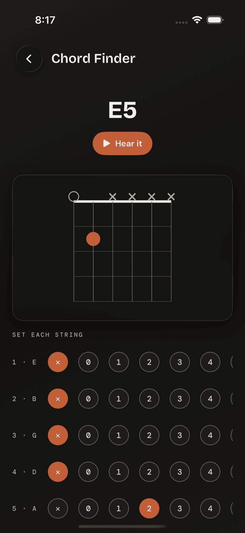 Chord Finder, string/fret chips set mid-entry, chord name resolved