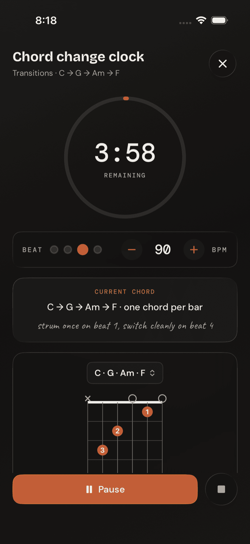 Chord Change Clock drill showing the current chord diagram and tempo control mid-cycle