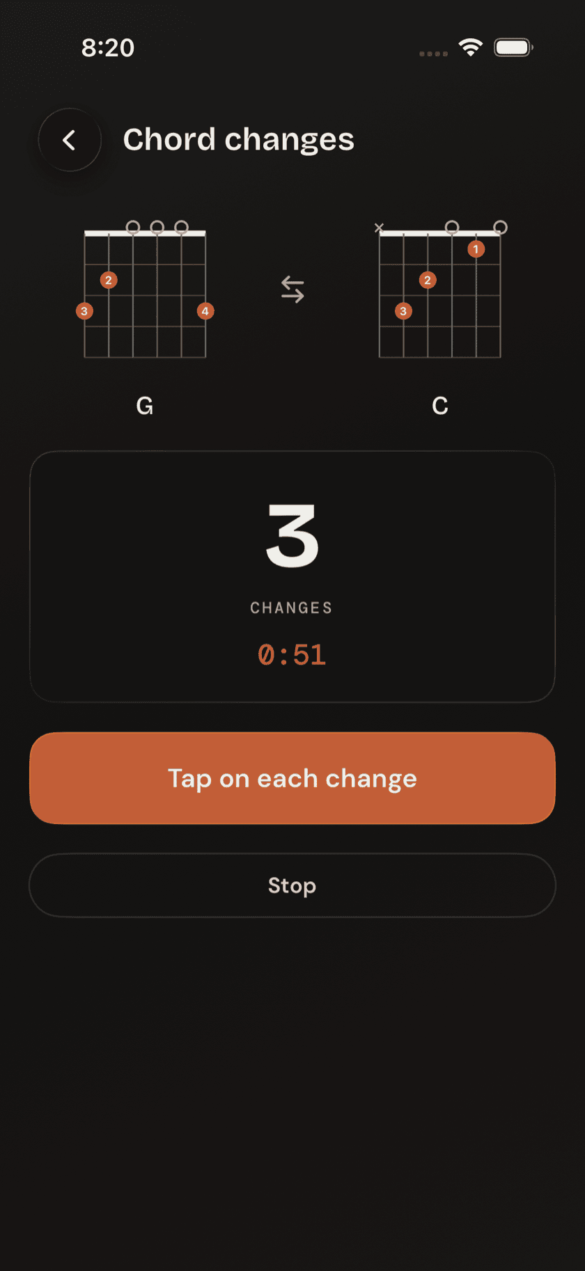 Chord Change Trainer with the timer running, tap counter, and last-score comparison