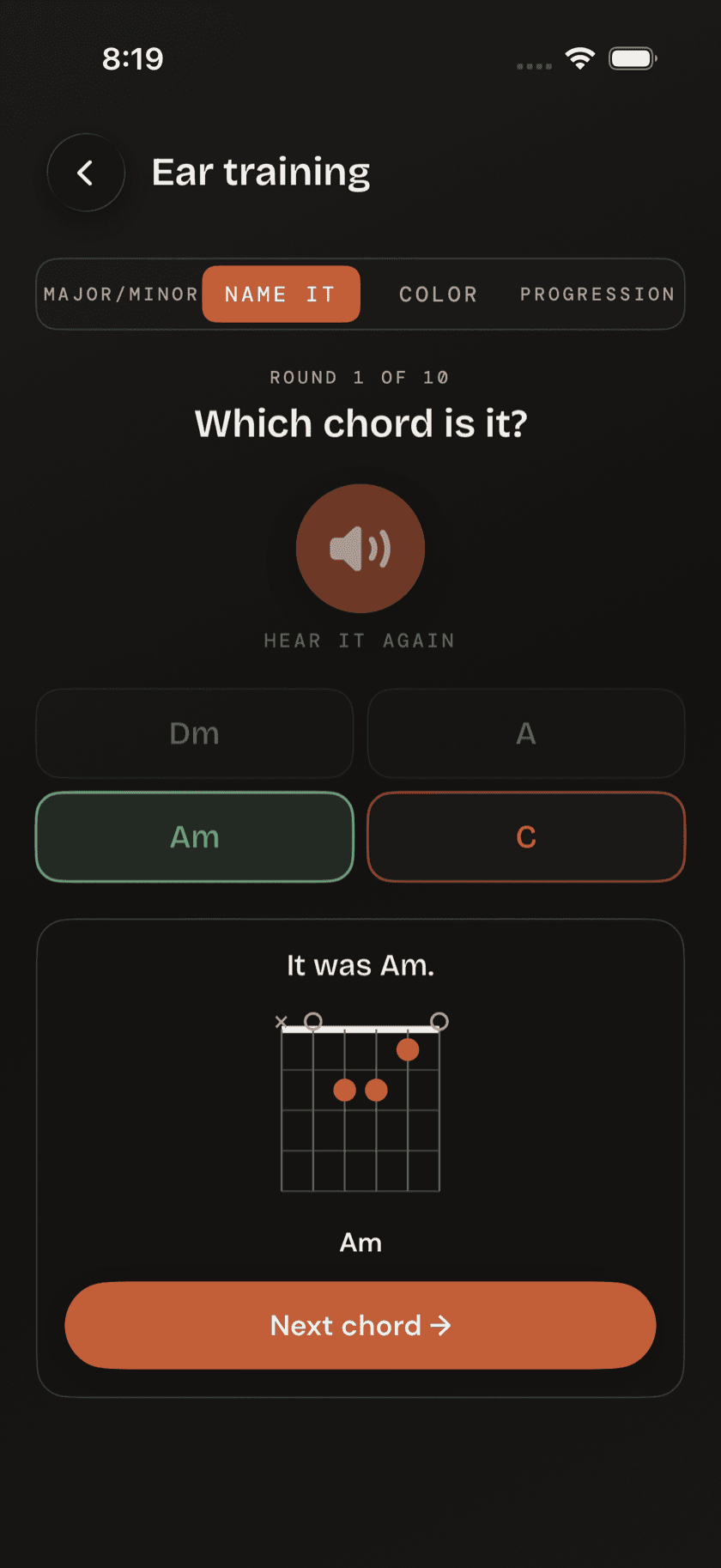 Ear Training drill in Name the chord mode, with the answer revealed as a fingering diagram