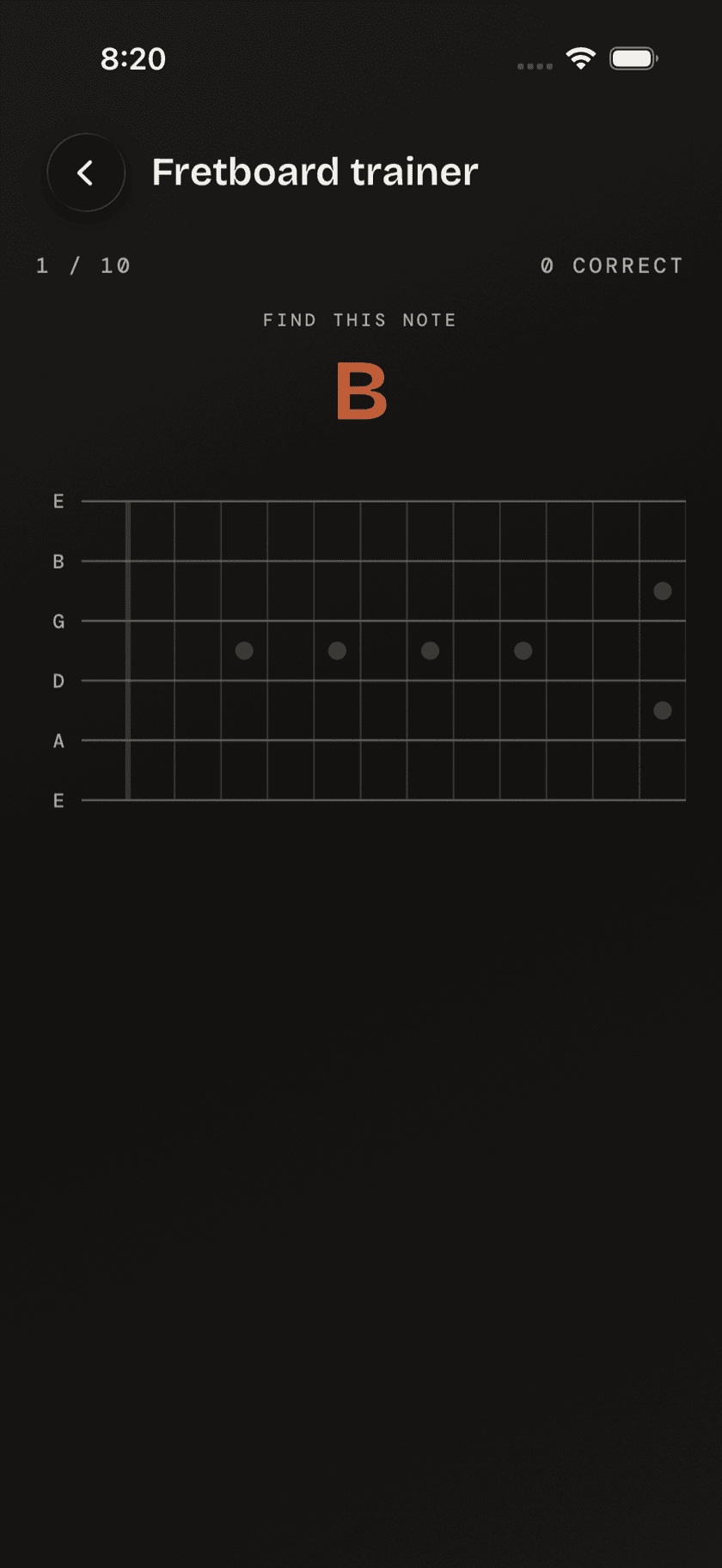 Fretboard Trainer, "find this note" prompt active, all-strings mode