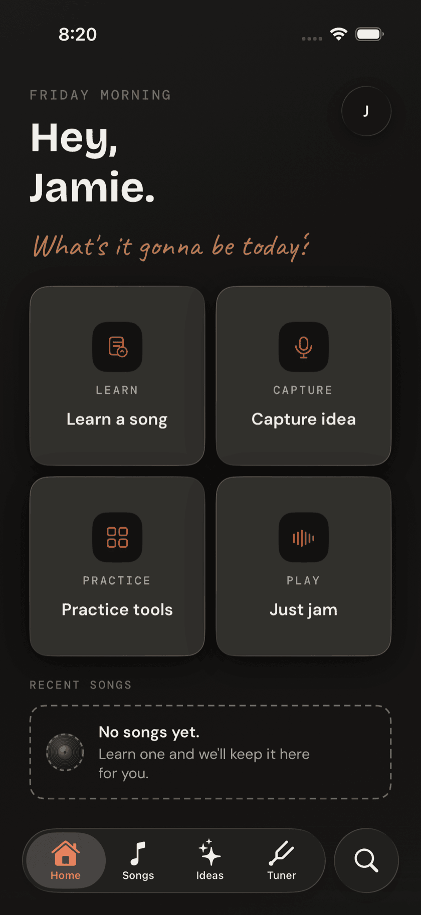 Guitar Buddha Home tab, showing the greeting, four action cards, and Recent Songs