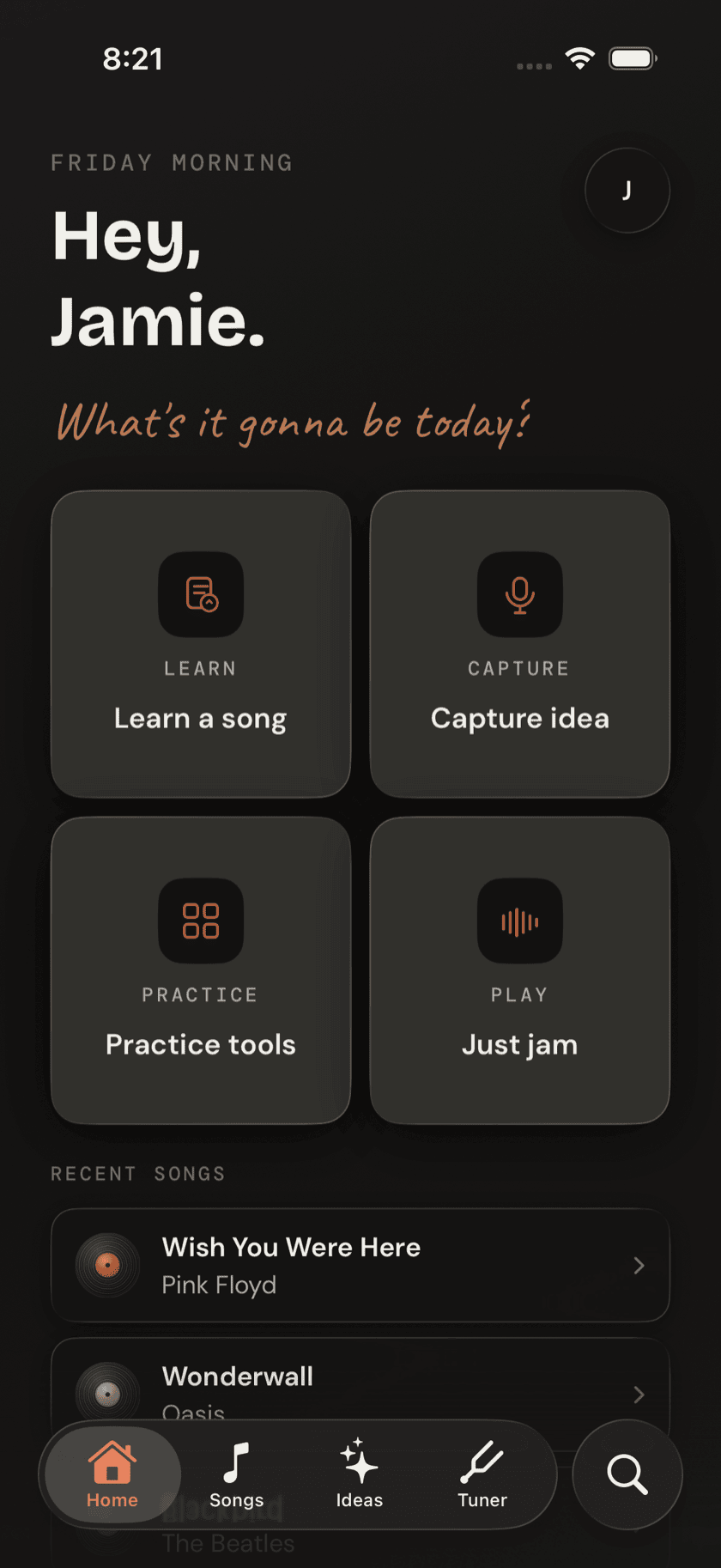 Home tab with Recent Songs populated, showing Wonderwall and Hotel California