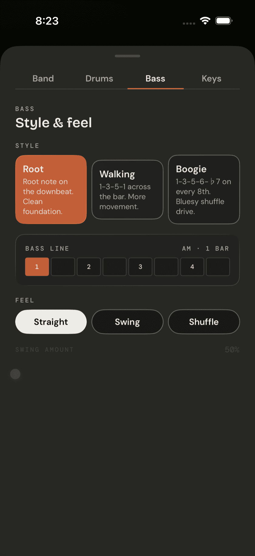Jam band editor sheet open with the Bass tab selected