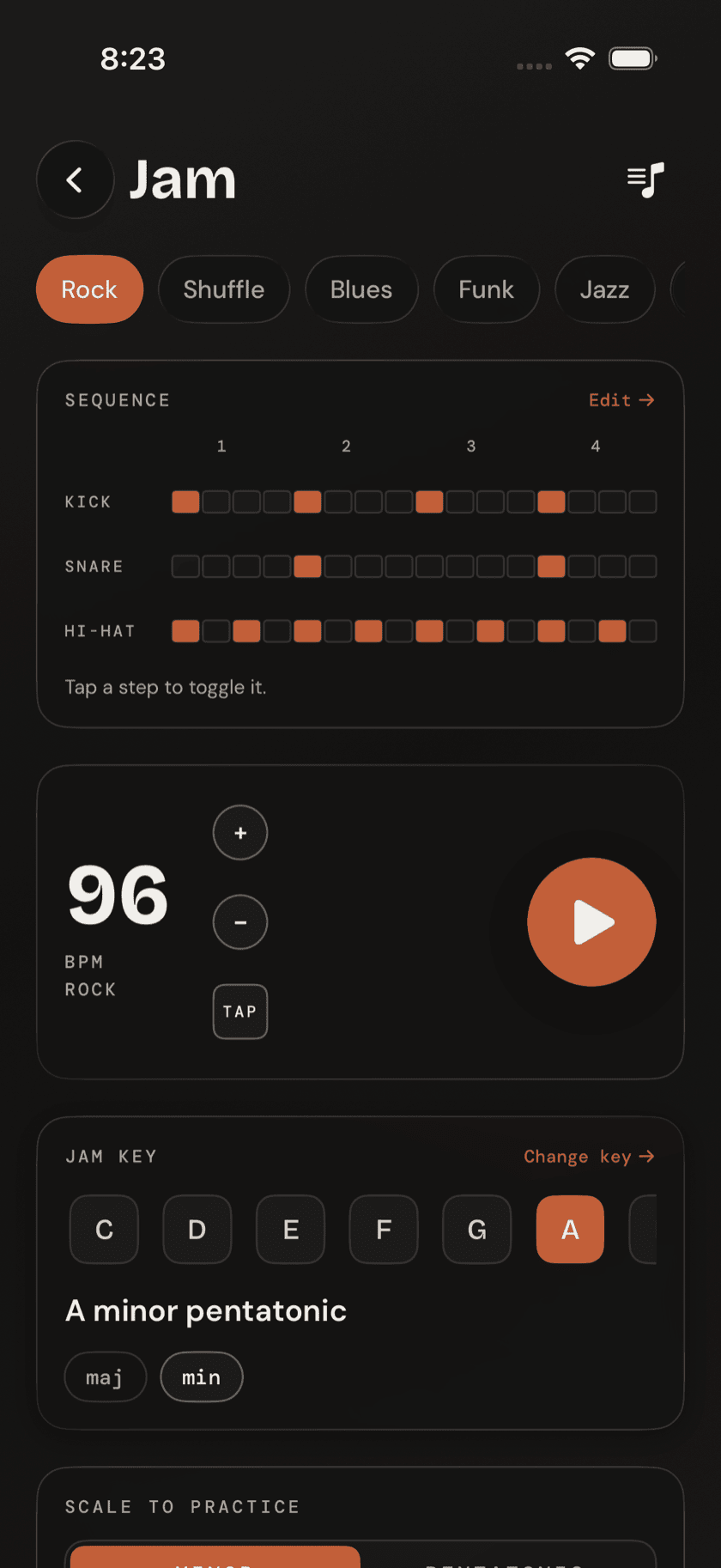 Jam screen showing the groove picker and 16-step drum grid with the Rock groove active