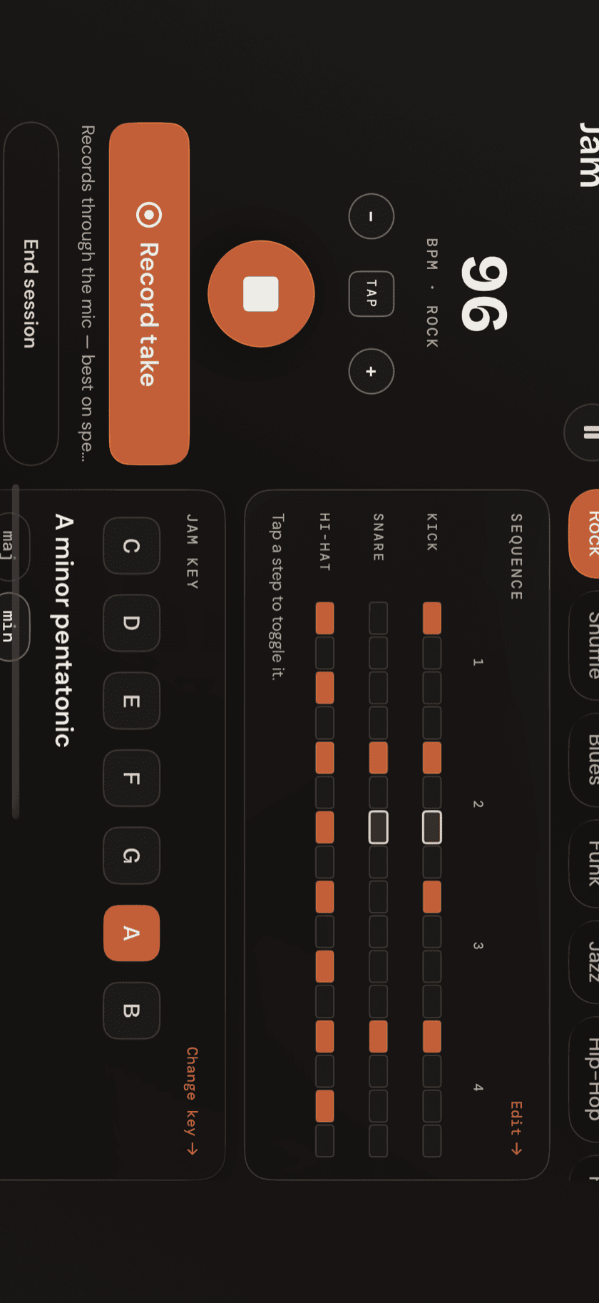 Jam Performance Mode landscape layout on iPad in the Sand theme