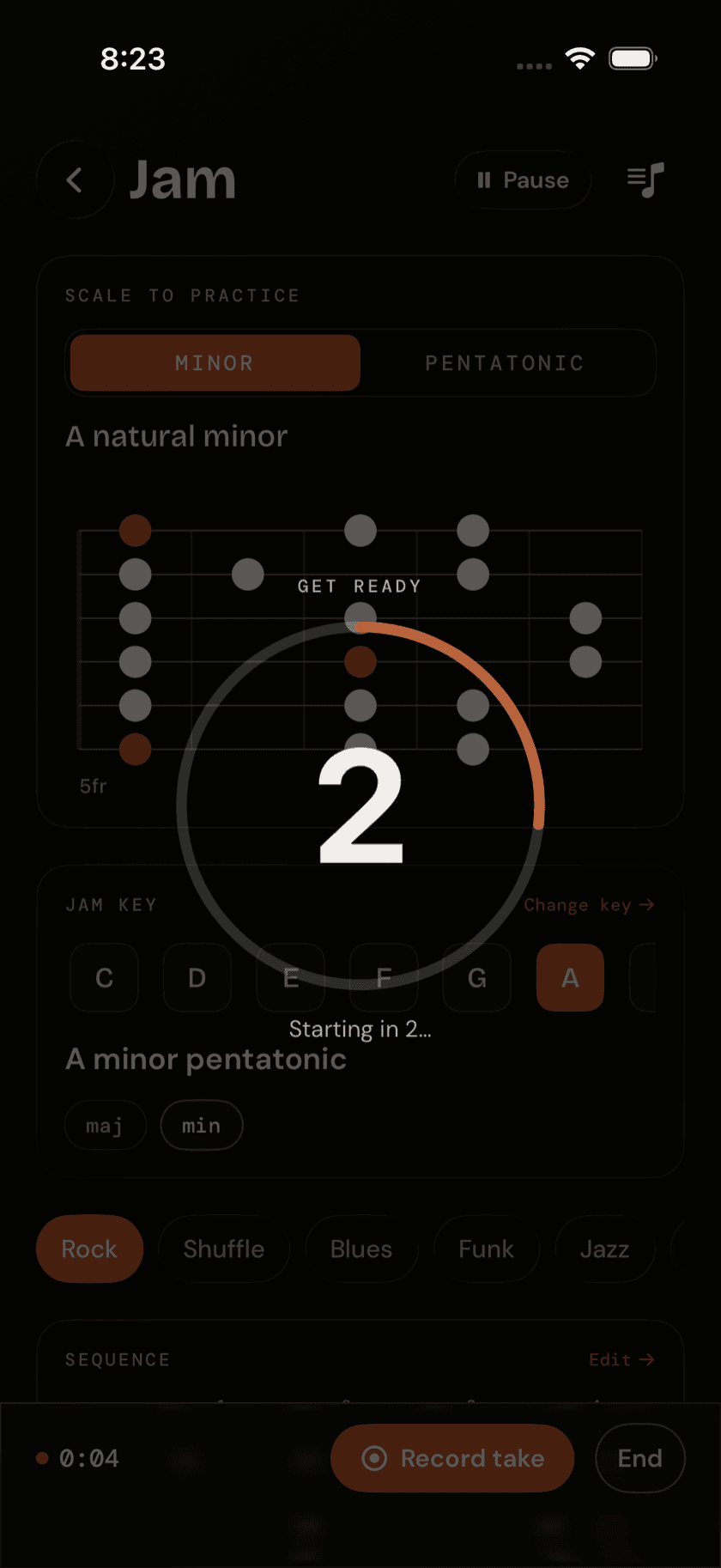 Jam screen showing a recording in progress with the count-in visible
