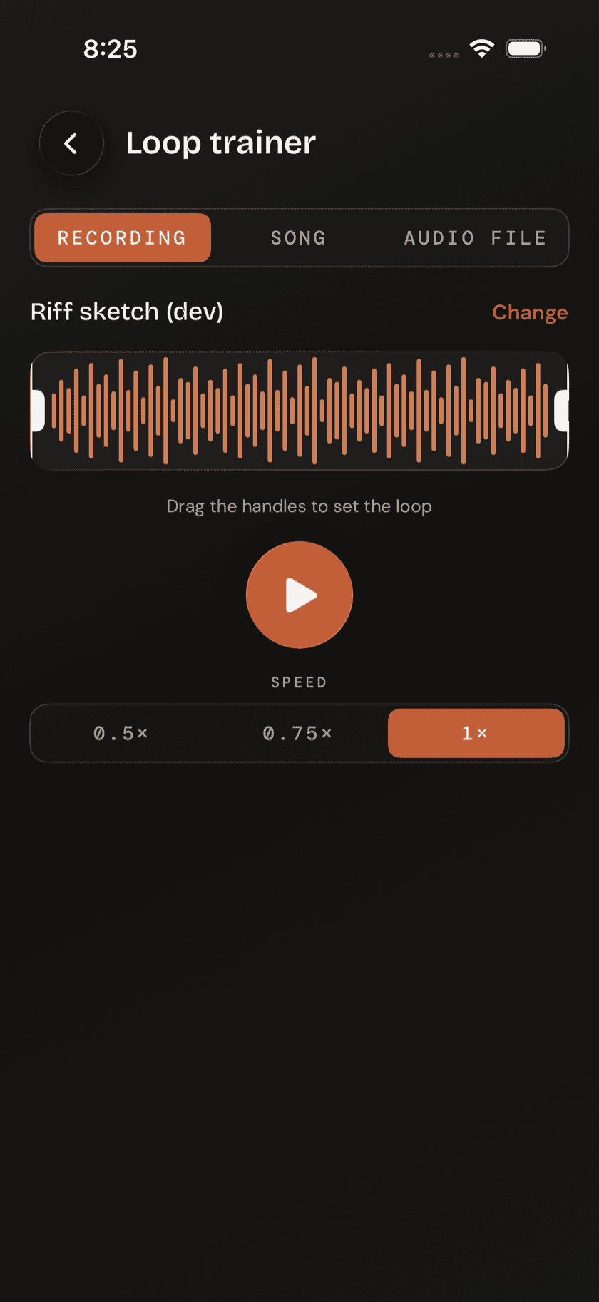 Loop Trainer with a Recording source, A/B handles on a waveform, and speed control visible, Obsidian theme