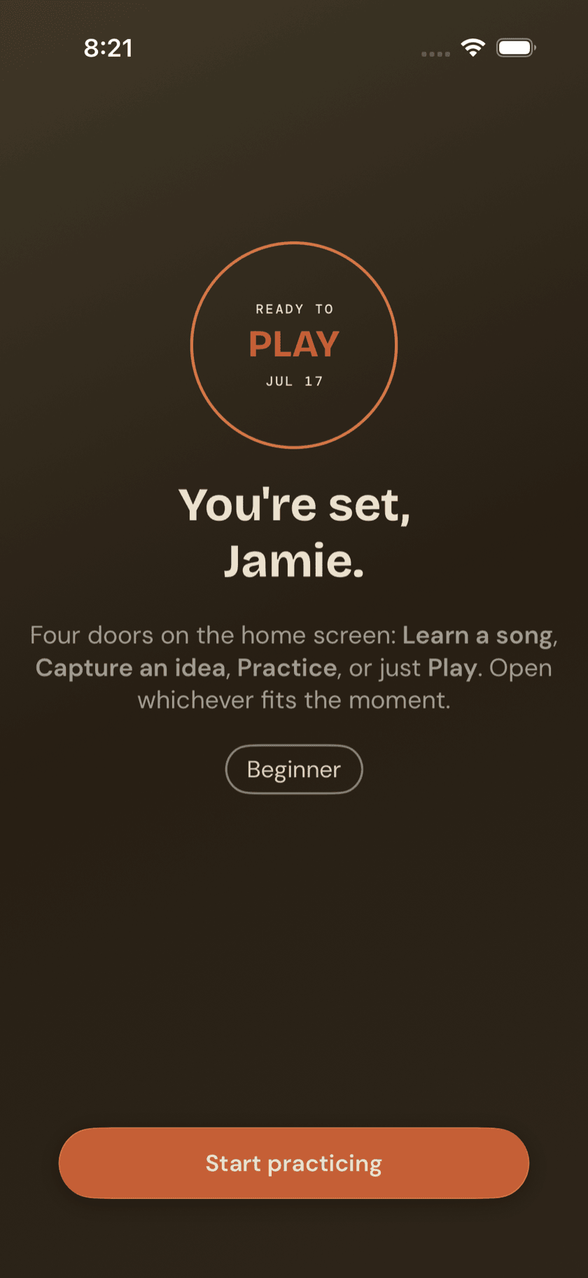 Onboarding Done screen, with a badge ring and a recap of the four Home doors