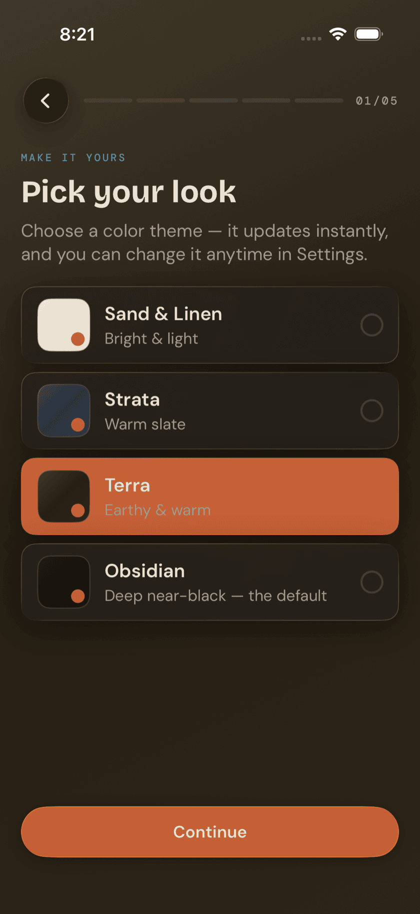 Onboarding Theme screen, showing four theme cards with Terra selected and the flow re-skinned live