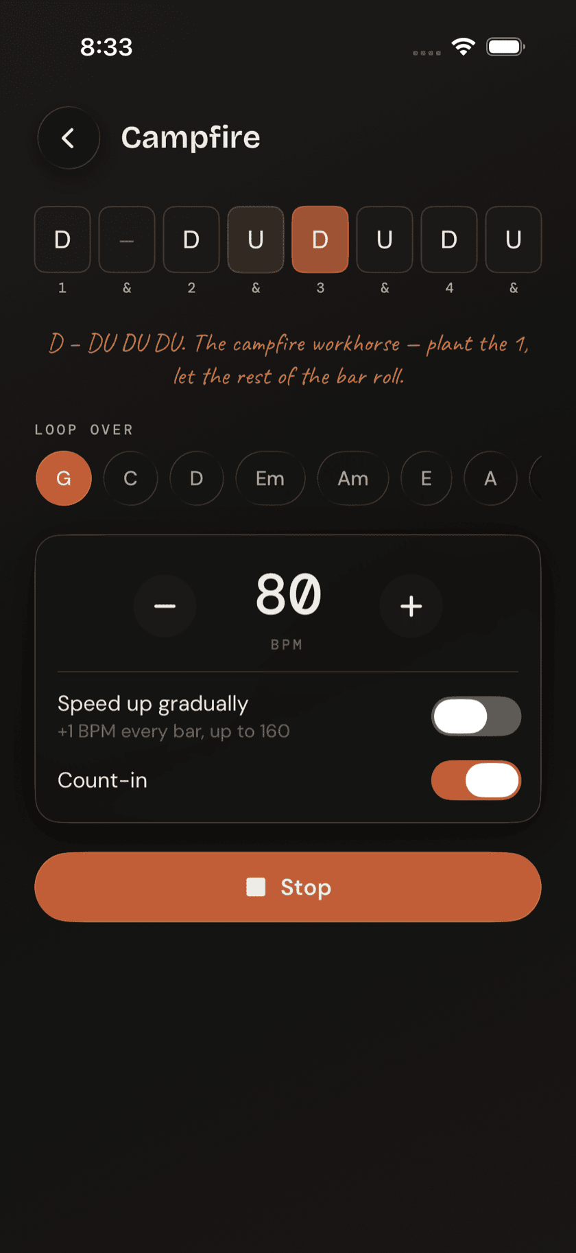 Pattern player mid-loop, showing the tempo slider and speed up gradually toggle