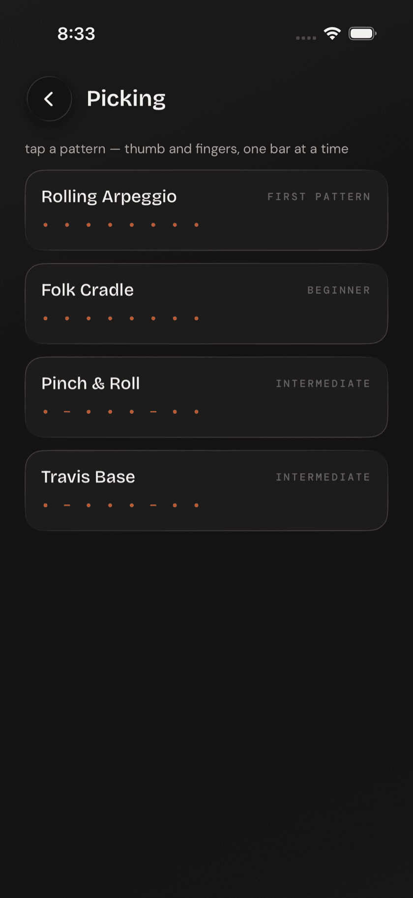 Fingerpicking pattern library list in the Practice Hub, a single roll showing string and finger notation