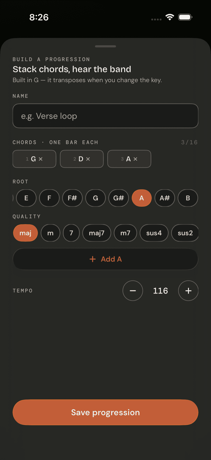 Build-a-progression screen, showing chords stacked and a tempo set
