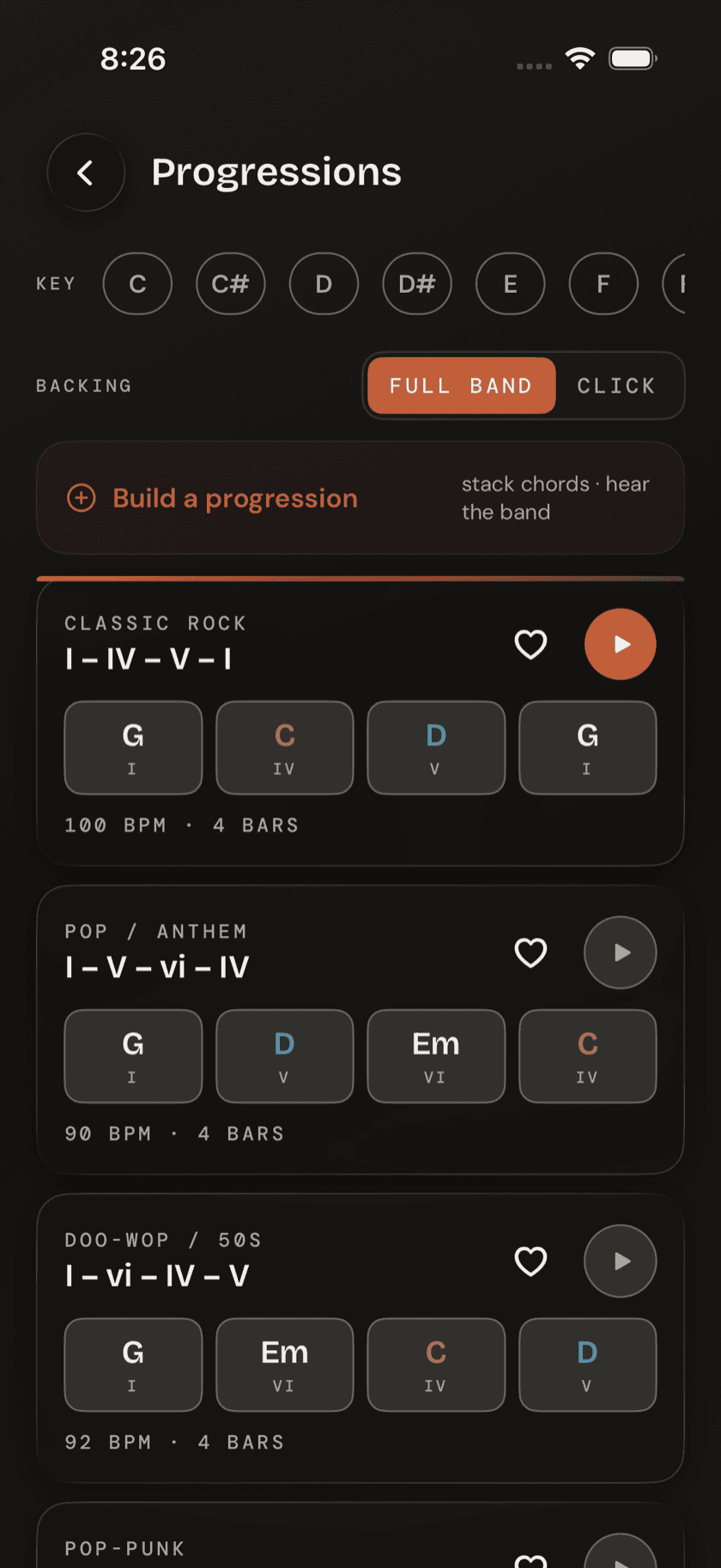 Progressions library, showing a card list with colored chord blocks and one card mid-preview