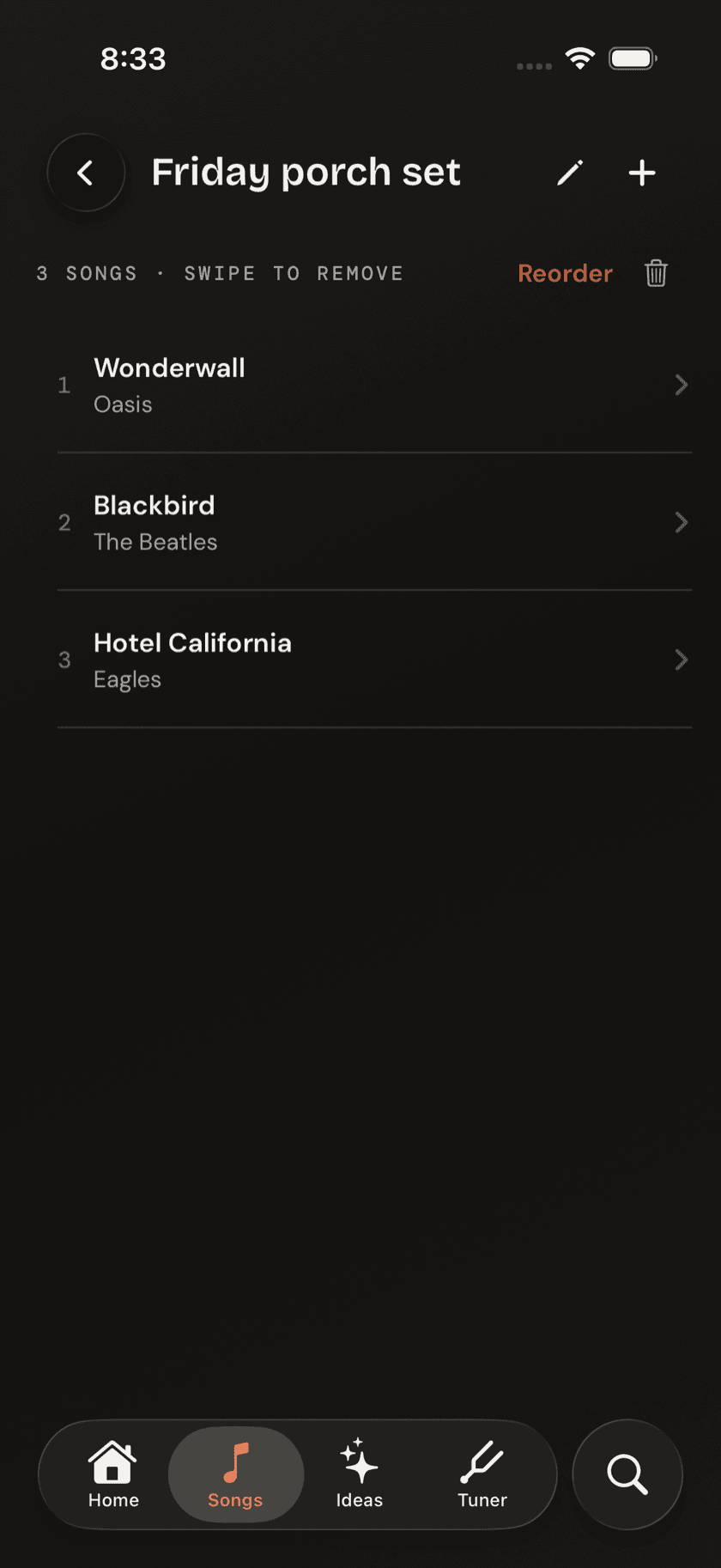 Setlist detail view with songs in playing order