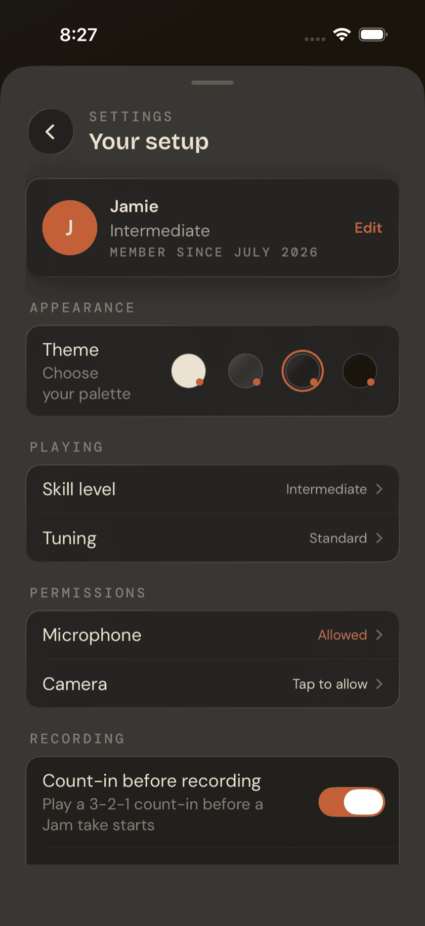 Settings sheet, Permissions section, showing microphone granted and camera not determined