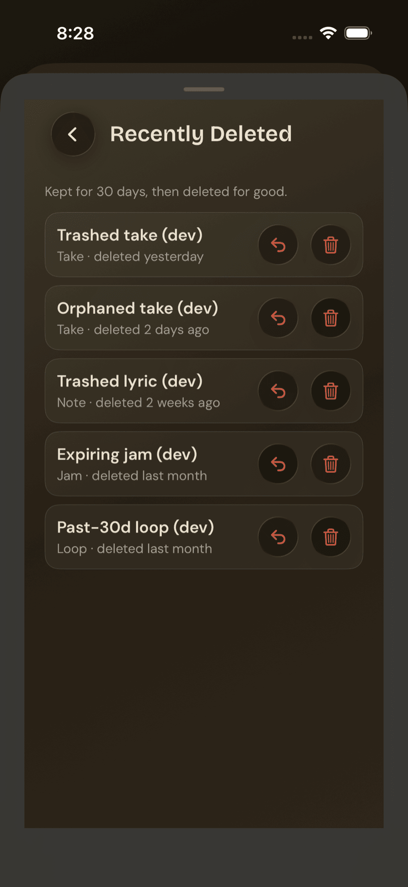 Settings, Recently Deleted list, showing mixed item types with Restore and Delete controls