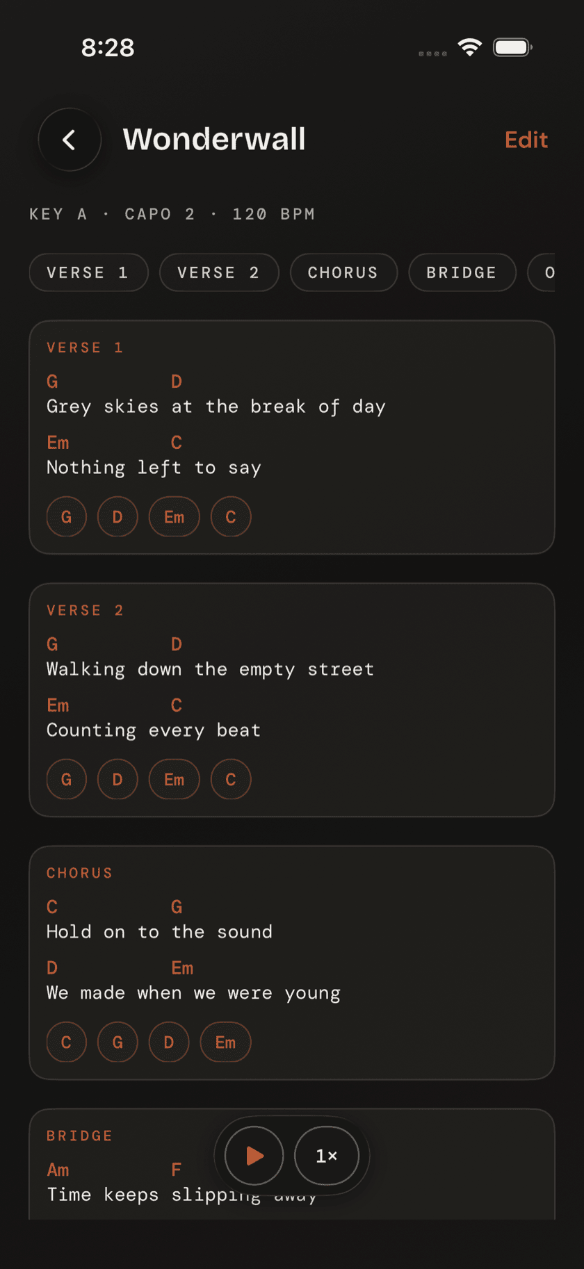 Song detail page showing an imported chord sheet with teleprompter controls