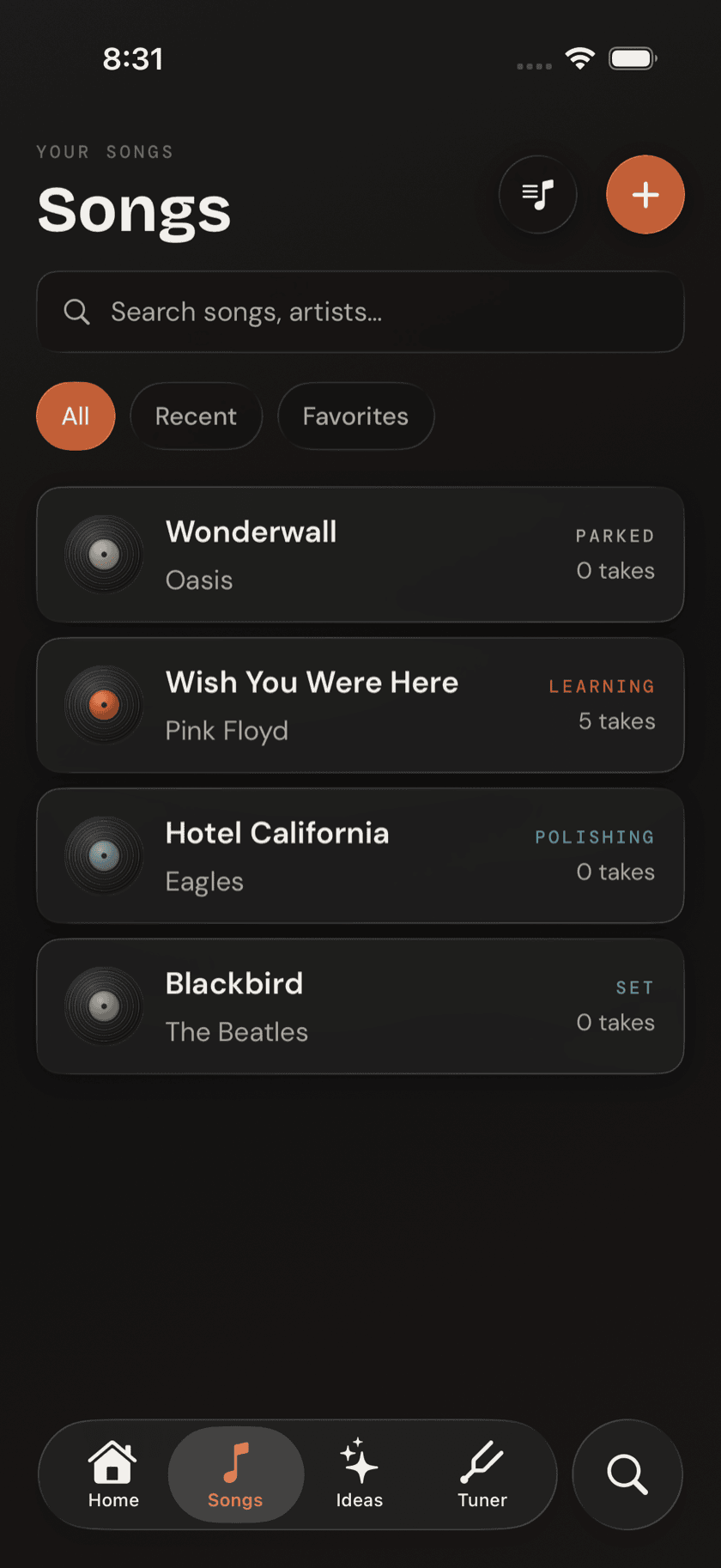Songs tab library list with filter pills and several songs