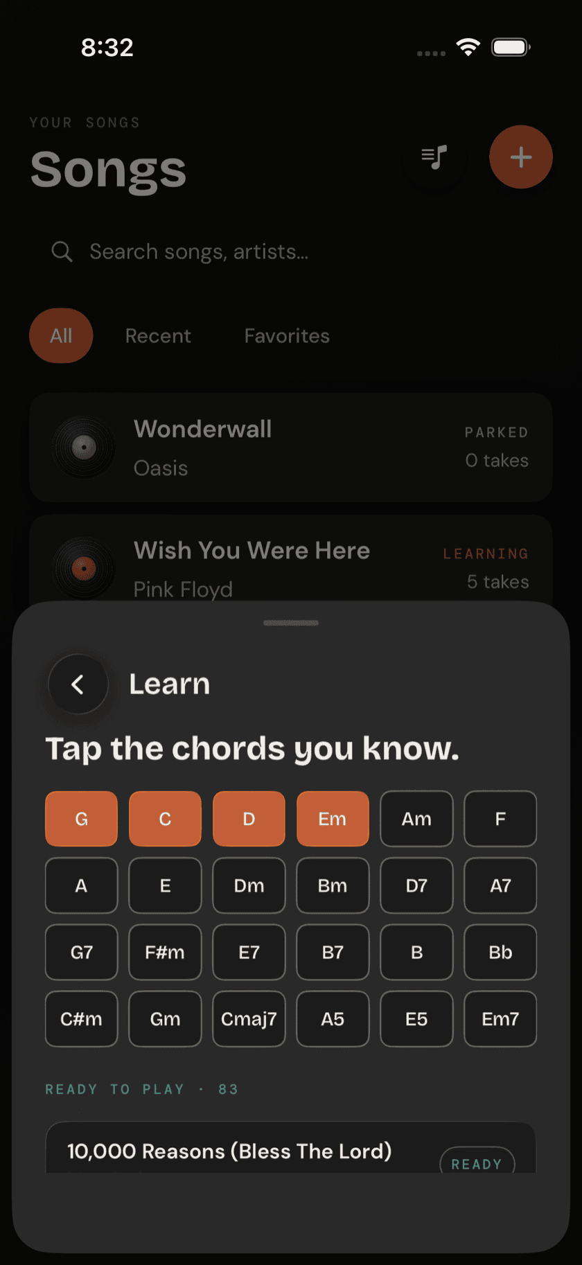 Add-a-song flow showing Songs You Can Play results with ready-to-play flags