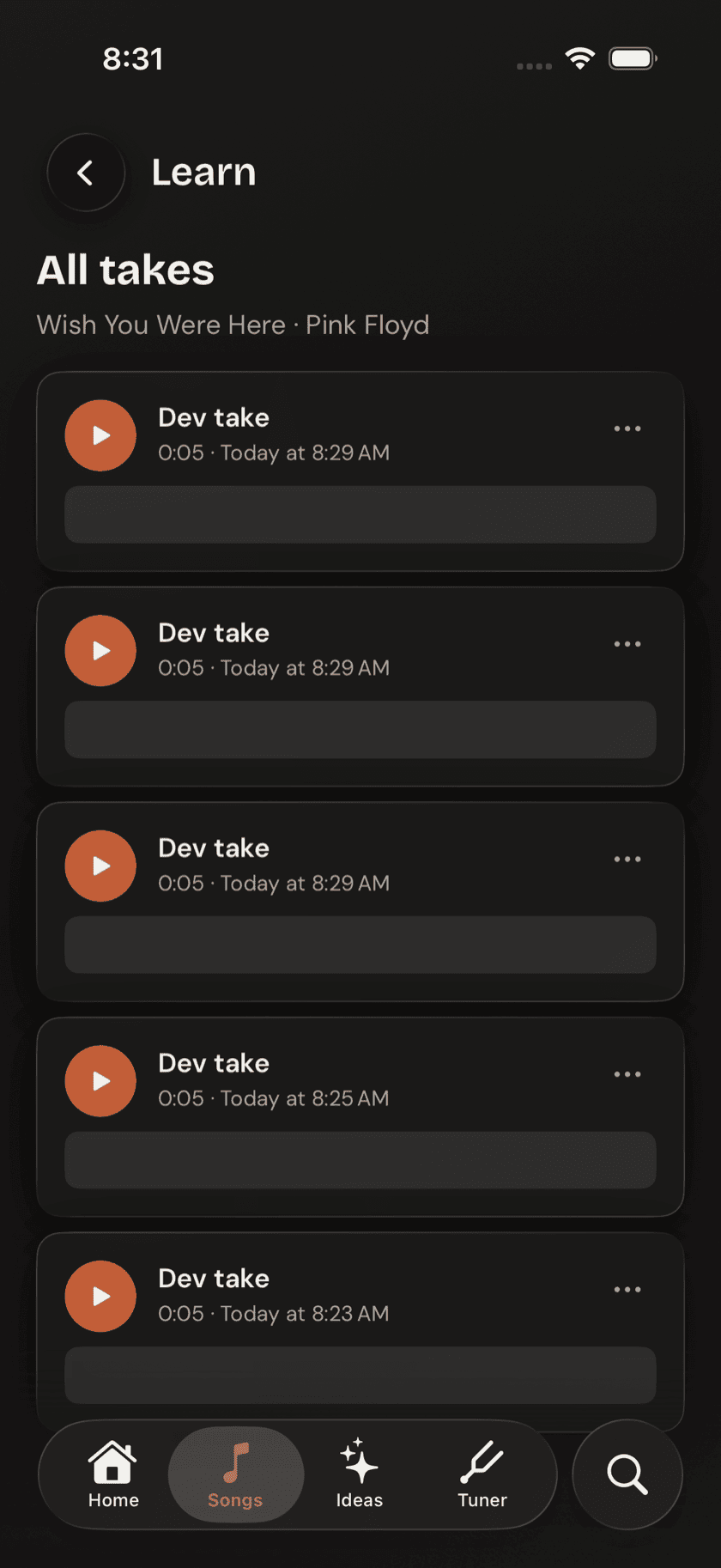 Takes list for a song showing recent recorded takes