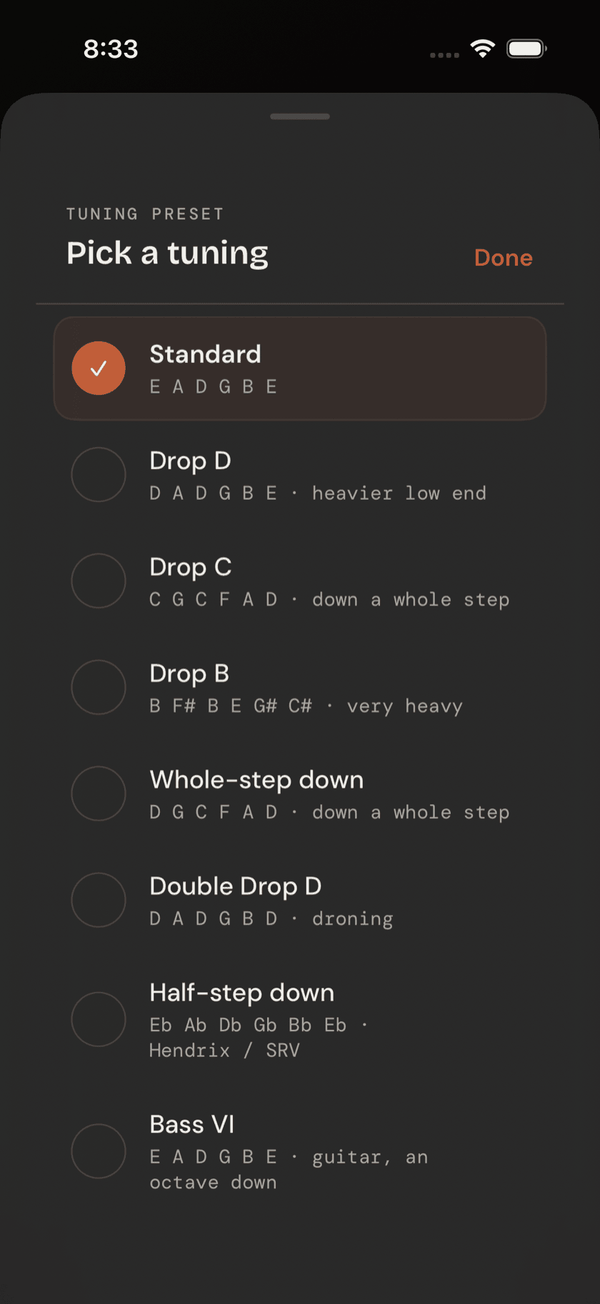 Tuner tab, tuning preset list open, alternate tunings visible