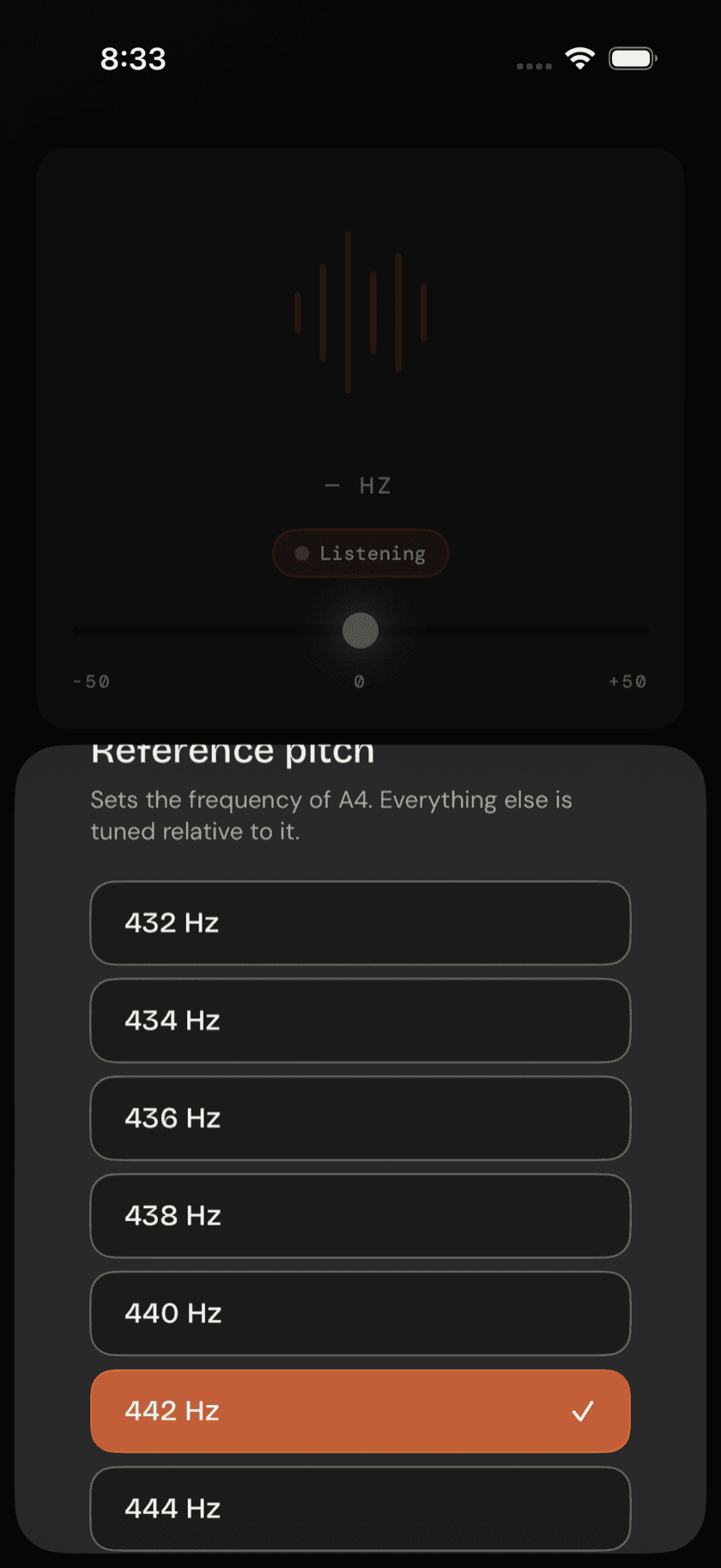 Tuner tab, reference pitch control open, set to a non-440 value