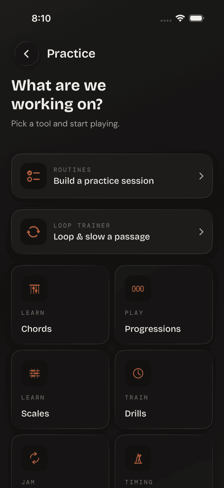 Guitar Buddha practice screen showing routines, the loop trainer, and tools — chords, scales, drills, and progressions