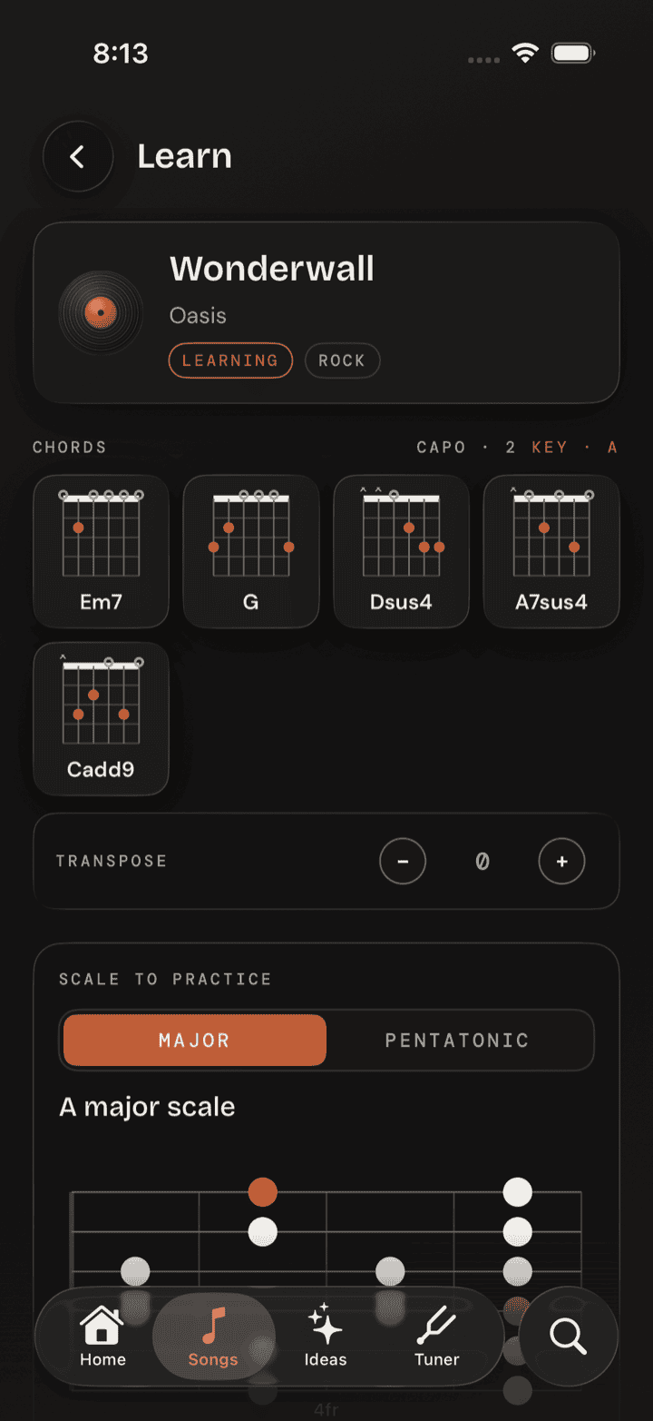 Guitar Buddha song view showing chord diagrams and scale