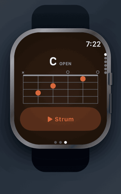 Apple Watch showing C chord diagram with Strum button