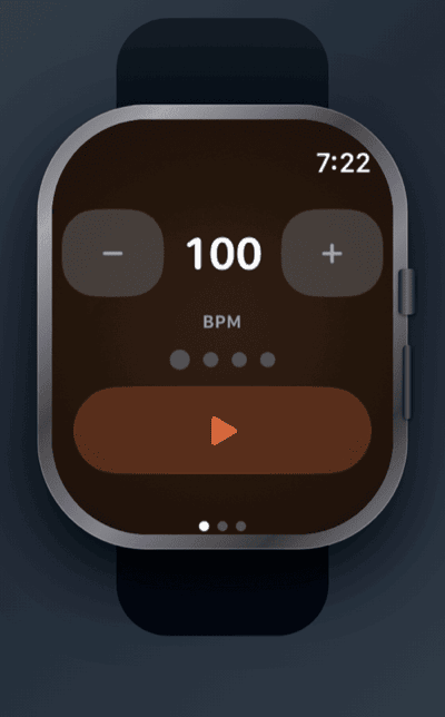 Apple Watch showing metronome at 100 BPM with play button